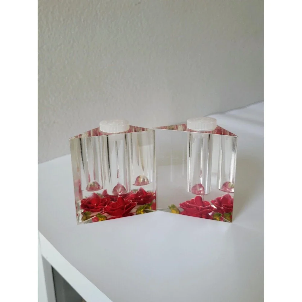Vintage Clear Lucite Salt and Pepper Shakers Reverse Carved Red Roses Bircraft